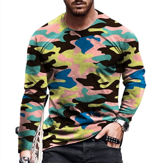 COSFO Yellow Mens Shirts Crew Neck Casual Long Sleeve Camouflage Pullover Mens T Shirts