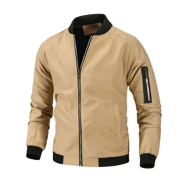 COSFO Zip Up Jacket for Men Lightweight Casual Yellow Solid Windbreaker Slim Long Sleeve Mid-Length Outdoor Recreation with Pocket Hoodless Jackets