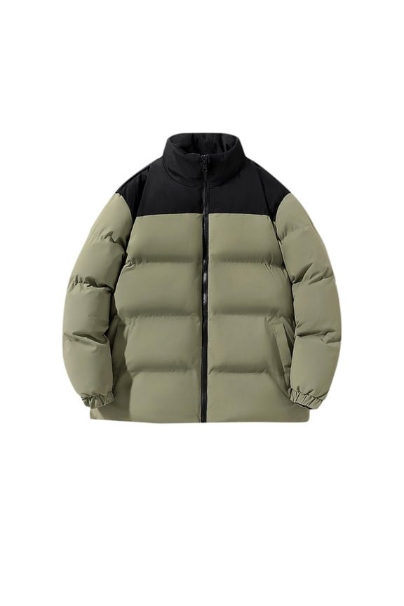 Zip Up Jacket for Men Solid Puffer Green Casual Quilted Jacket Loose Mid-Length Waterproof Long Sleeve Hoodless Jackets