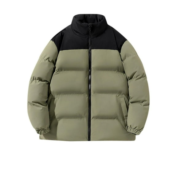 COSFO Zip Up Jacket for Men Solid Puffer Green Casual Quilted Jacket Loose Mid-Length Waterproof Long Sleeve Hoodless Jackets