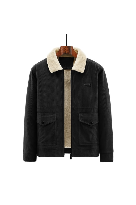 Zip Up Men Jacket Black Corduroy Ribbed Outerwear Collar Long Sleeve with Pockets Loose Fit Men's Sport Coats