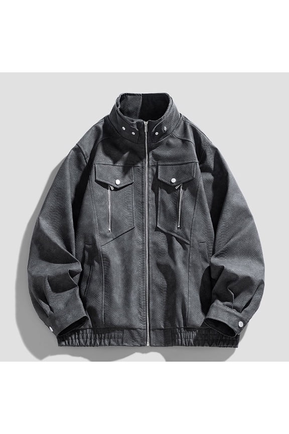 Zip up Mens Bomber Jackets Lightweight Casual Solid Color Faux Leather Jackets Windbreaker Long Sleeve Stand Colla Men Coat