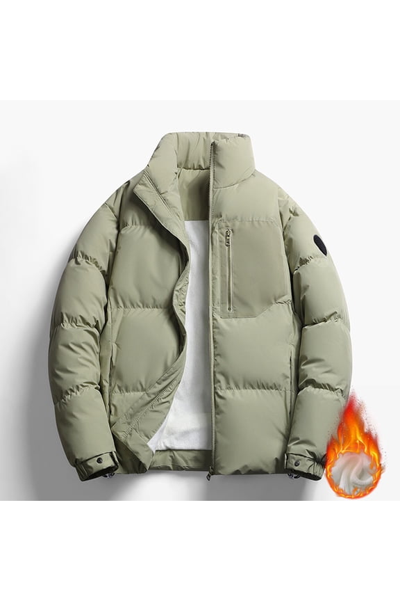 Zip Up Mens Puffer Jacket Green Casual Windbreaker Loose Fit Cotton with Pockets Stand Colla Long Sleeve Mens Coats
