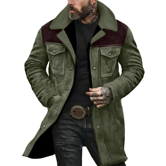 COSFO Zip Up Mens Winter Coats Vintage Suede Outerwear Long Sleeve Collar Button with Pockets Loose Fit Jacket for Men