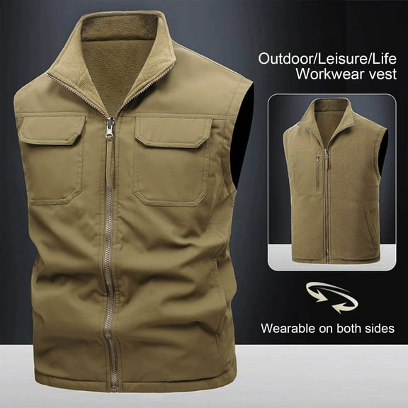 COSFO Zip Up Vests for Men Solid Fleece Lightweight Jacket Reversible Photographer Loose Casual Sleeveless Men Outerwear Vests