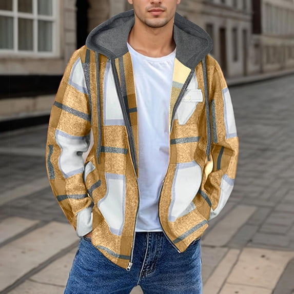 COSFO with Hood Jackets for Men Plaid Winter Flannel Lightweight Windbreaker Casual Long Sleeve Zip up Coats for Men