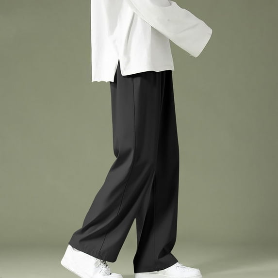 COSFO with Pockets Men's Pants Solid Black Baggy Straight Pant Pull-On Loose Comfort Waist Pants