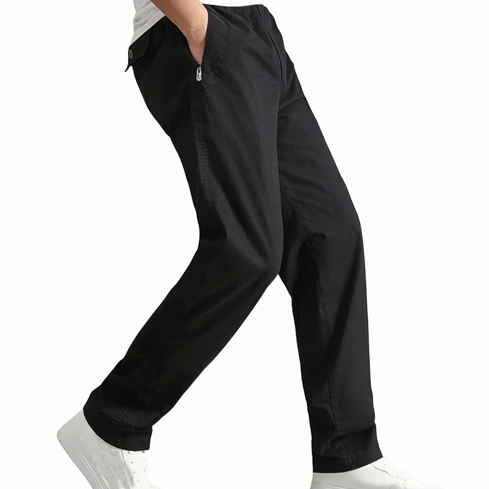 COSFO with Pockets Mens Pants Black Solid Straight Leg Cargo Work Pants Loose PullOn Elastic