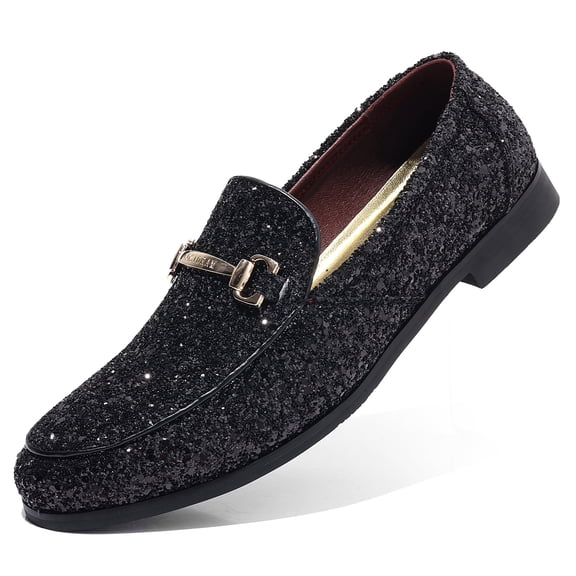 COSIDRAM Men's Glitter Dress Shoes Metallic Sequins Tuxedo Luxury Gold Buckle Loafers Slip-on Wedding Party Shoes