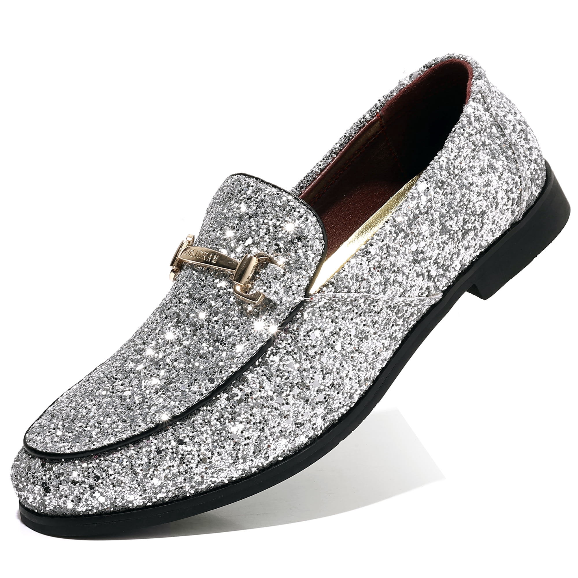 mens silver glitter dress shoes Cosidram Men's Glitter Dress Shoes Metallic Sequins Tuxedo Luxury Gold Buckle Loafers Slip-on Wedding Party Shoes, Size: 11, Silver