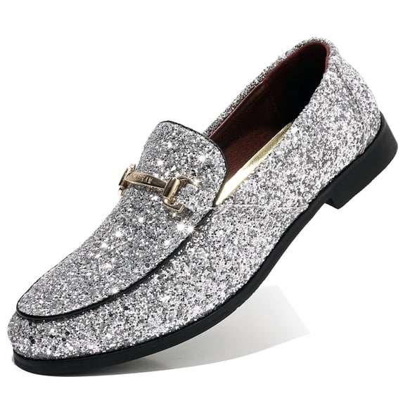 COSIDRAM Men's Glitter Dress Shoes Metallic Sequins Tuxedo Luxury Gold Buckle Loafers Slip-on Wedding Party Shoes