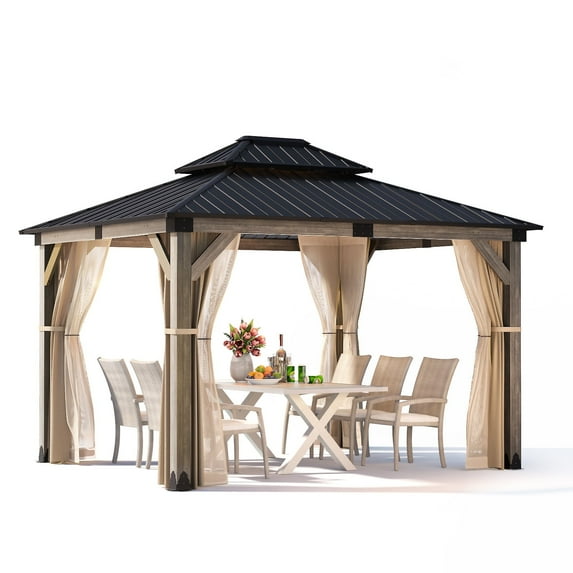 COSIEST 10' x 12' Cedar Wood Hardtop Gazebo, Galvanized Steel Double Roof, Netting & Curtains, Gray
