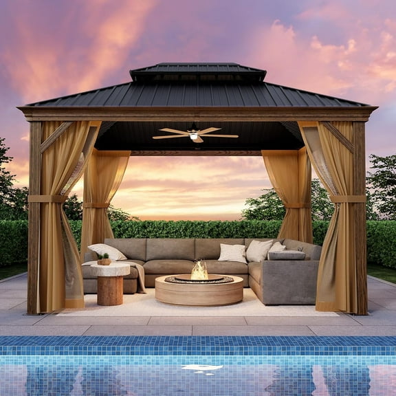 COSIEST 10'x12' Hardtop Gazebo Rustproof Double Roof Metal Roof with Netting and Curtains,Durable Outdoor Pavilion for Patio,Lawn and Garden