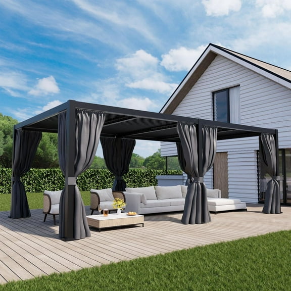 COSIEST 10'x20' Aluminum Outdoor Louvered Pergola with Adjustable Roof, Netting & Curtains, Hardtop Sun Shade Gazebo for Patio, Garden, or Backyard Pavilion,Black