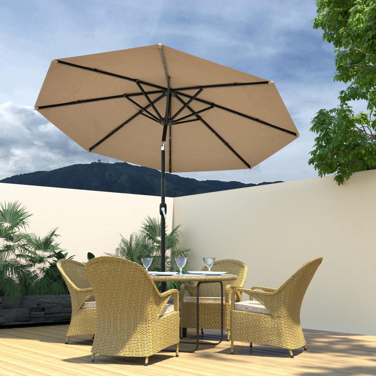 COSIEST 10FT Solar LED Patio Umbrella with Crank Lift,8-Rib Aluminum Outdoor Umbrella for Garden/Pool