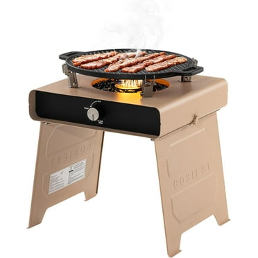 COSIEST 15.7 inch Outdoor Propane Fire Pit, Foldable Smokless Fire Table with Baking Tray, Mini Stainless Seel Iron Fire Pit with Portable Bag, Fire Glass For BBQ, Camping, Party, Yard, Macadamia