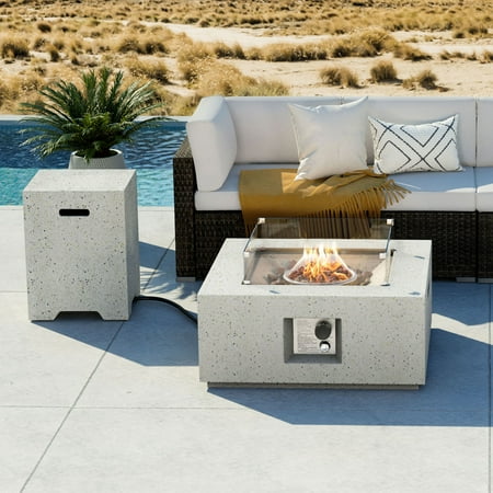 COSIEST 2-Piece 28-inch 40,000 BTU Terrazzo Outdoor Propane Fire Pit Table Set w Tank Table, Wind Guard, Rain Cover