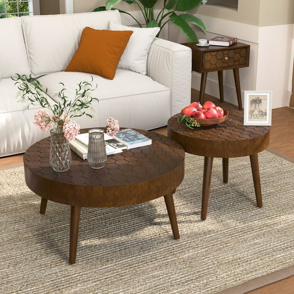 COSIEST 2-Piece Brown Traditional Sturdy MDF Round Coffee Table Nesting Set