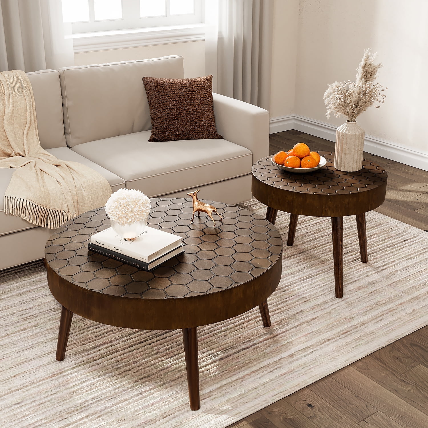 Brown Round Honeycomb Pattern MDF and Pine Wood Coffee Table Set