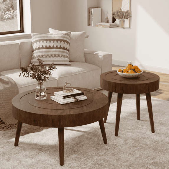 VENTOPYR 2-Piece Modern MDF Wood Nesting Coffee Table with Handcrafted Wood Ring Motif for Living Room