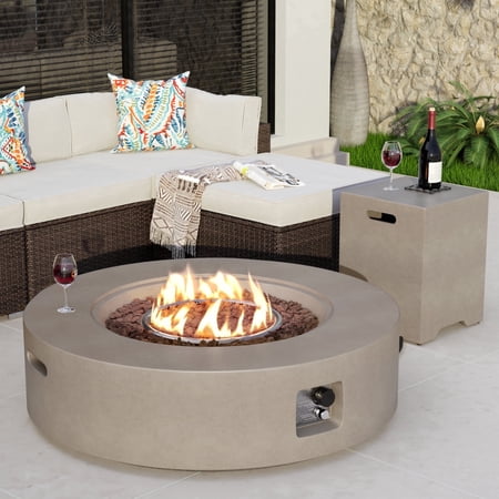 COSIEST 2-Piece Outdoor 40.5-inch Gray Round Propane Firepit Table Set w Tank Table