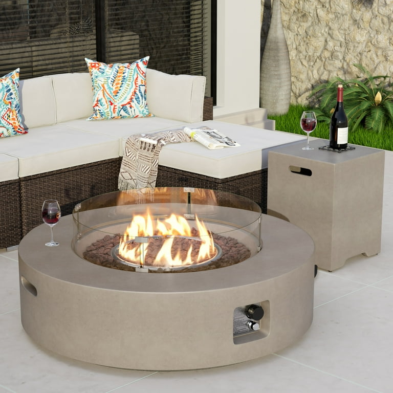 COSIEST 2 Piece Outdoor Propane Fire Pit Table Set Grey Round Fire Table w Side Tank Wind Guard 40.5 Inches