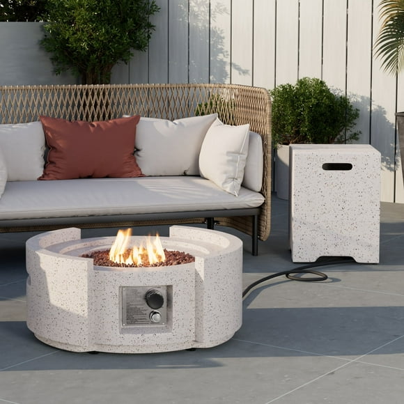 COSIEST 2-Piece Outdoor Propane Fire Pit Set,27.6x24.2 Terrazzo White Round, 40000 BTU with 16 Tank Cover, Lava Rocks & Weatherproof Lid