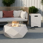 COSIEST 2-Piece Outdoor Propane Firepit Table Set w Tank Table, 24-inch Terrazzo White Hexagon Fire Table, Wind Guard and 16 inches Tank Side Table 20lb for Garden,Pool