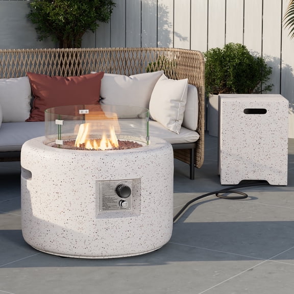 COSIEST 2-Piece Outdoor Propane Firepit Set with 25.6-Inch Terrazzo White Fire Table and 16-Inch Tank Side Table, Includes Wind Guard for Garden and Pool