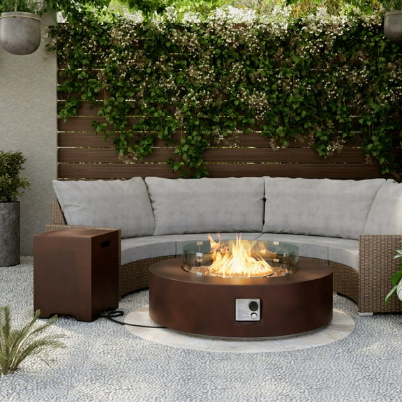 COSIEST 2-Piece Outdoor Propane Firepit Table Set with Tank Table, Wind Guard