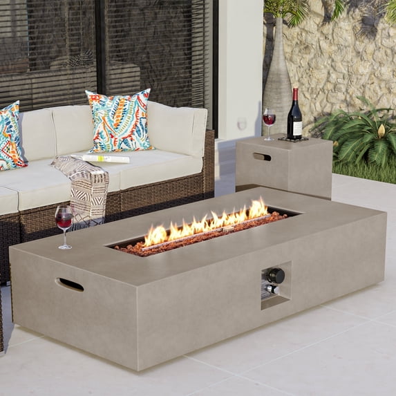 VENTOPYR 2-Piece Outdoor Propane Rectangle Concrete 56-inch x 28-inch Gray Fire Table Set w 20lb Tank Table