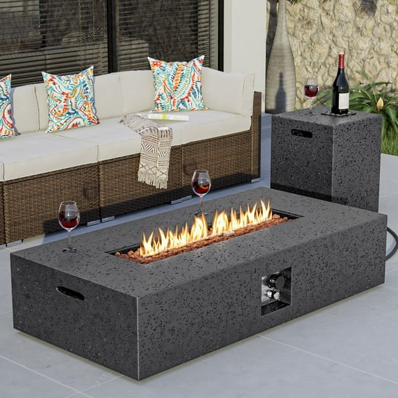 VENTOPYR 2-Piece Outdoor Rectangle Terrazzo White Propane Fire Table Set with Tank Cover Table