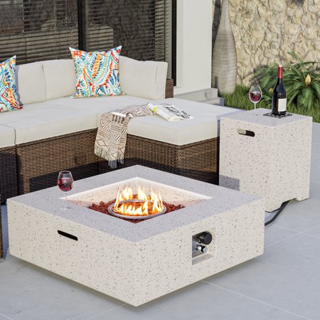 COSIEST 2-Piece Outdoor Square Terrazzo White Faux Stone Propane Fire Pit Table Set w Tank Cover