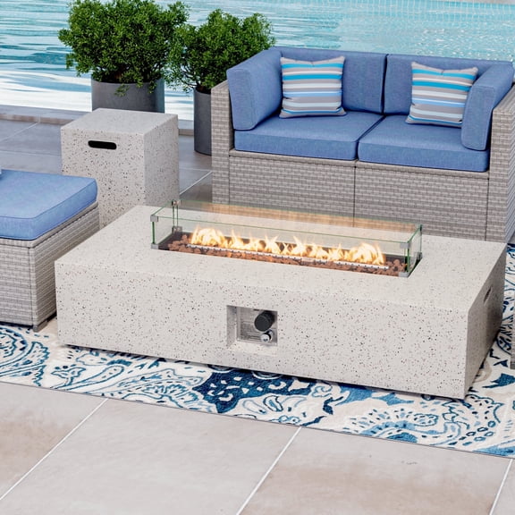 COSIEST 2-Piece Outdoor Terrazzo White Rectangle Propane Fire Table Set w 20lb Tank Table, Wind Guard
