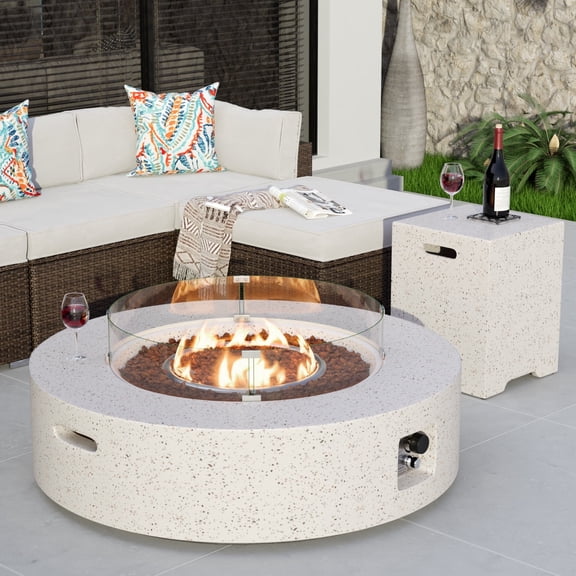 VENTOPYR 2-Piece Outdoor Terrazzo White Round Propane Firepit Table Set w Tank Table, Wind Guard