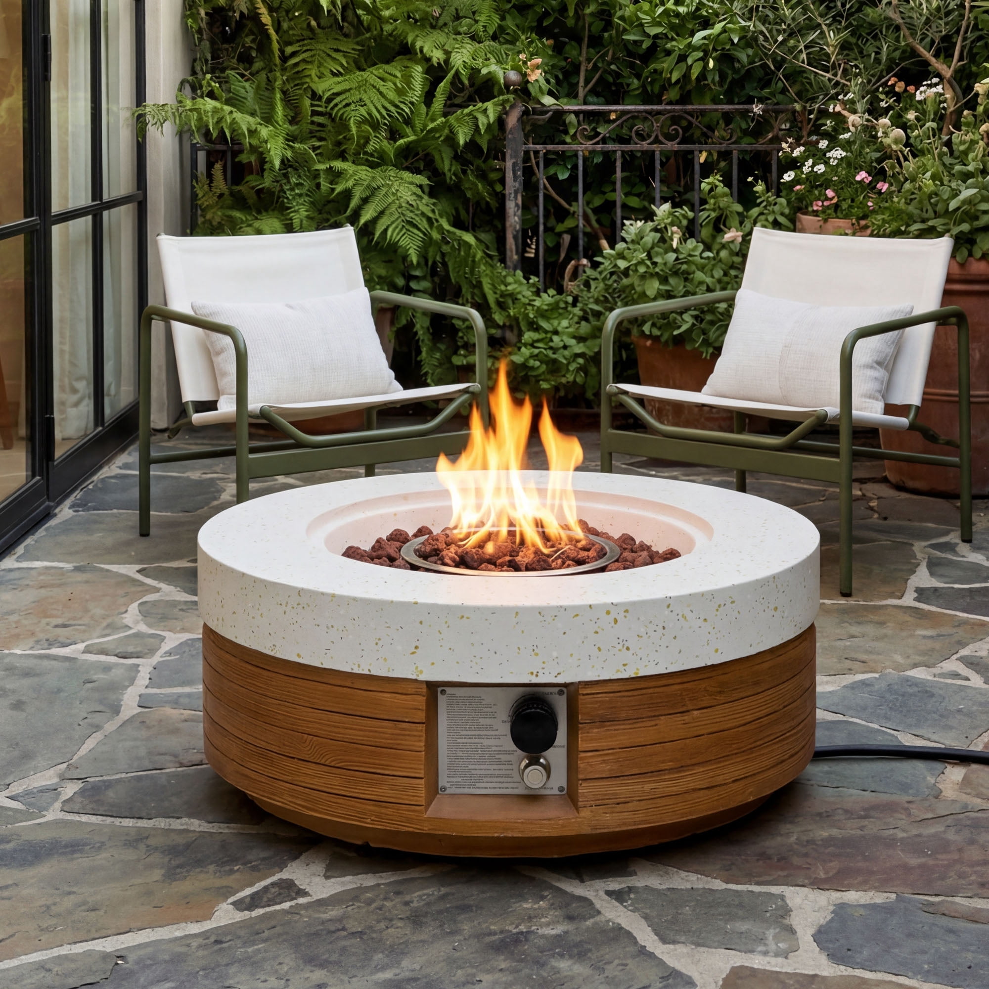VENTOPYR 28" Round Dual-Texture Concrete Fire Pit Table with Cover & Lava Rocks​​