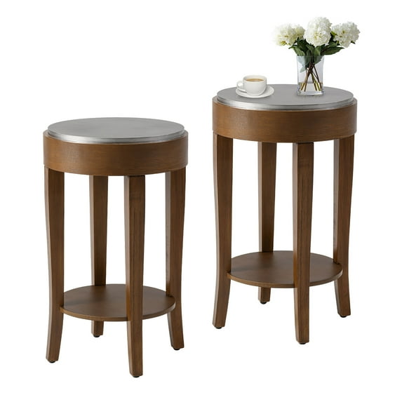 COSIEST 2PCS Brown 2-Tier Round End Table Wood Accent Side Table
