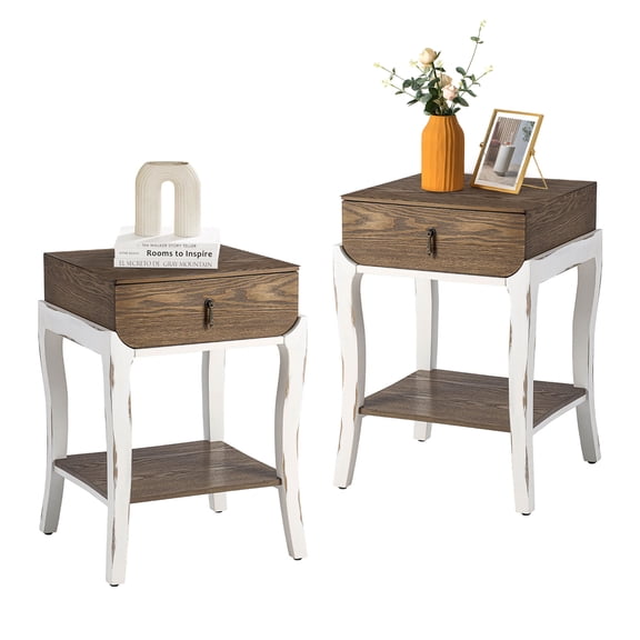 COSIEST 2PCS Farmhouse 2-Tier Wood Nightstand Accent End Table with Drawer