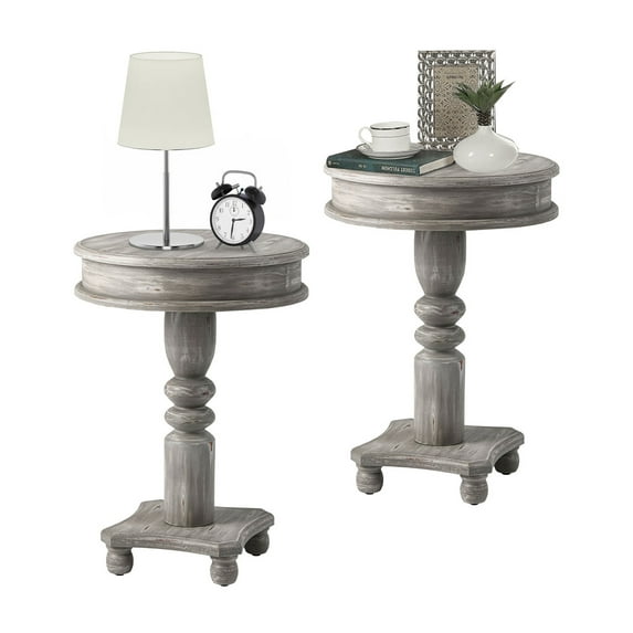 COSIEST 2PCS Grey Accent Side Table Wood Pedestal Table Round End Table