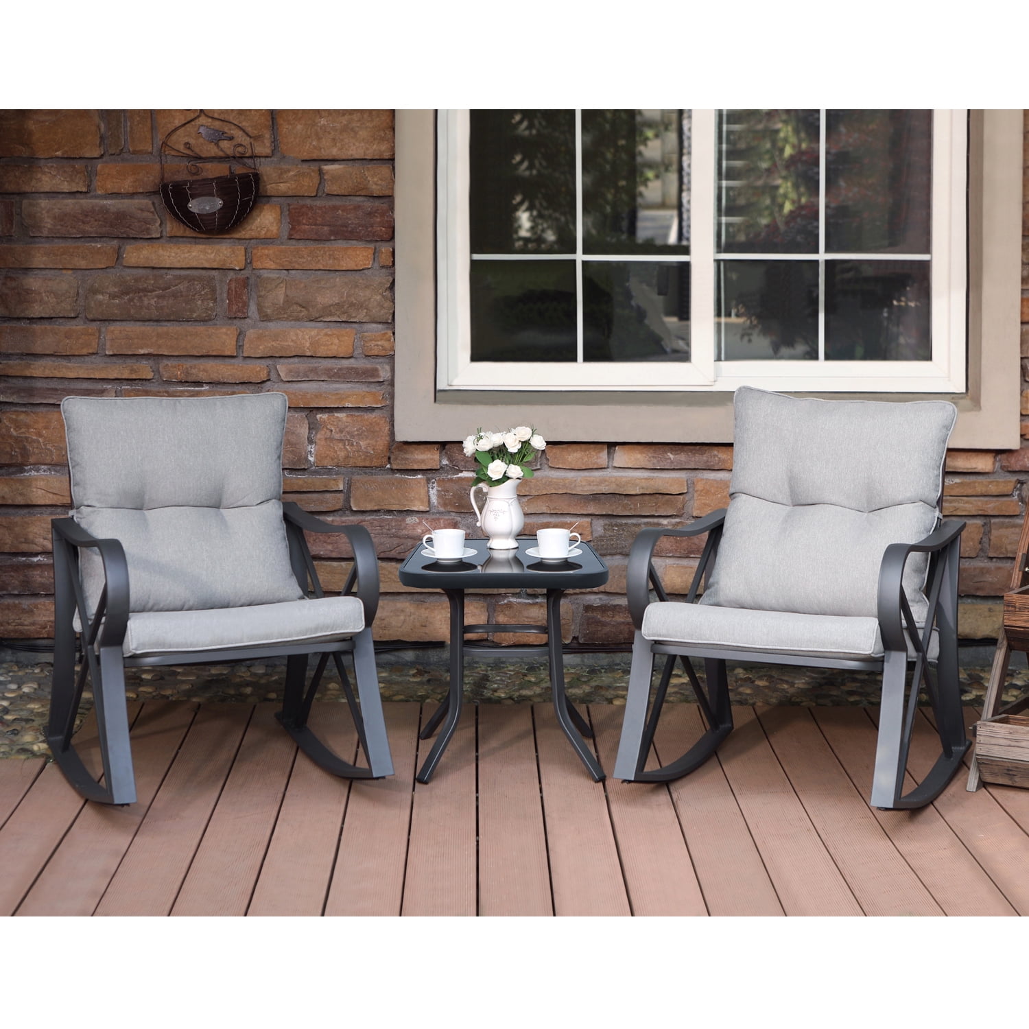 Gray Powder-Coated Steel Outdoor Rocking Chair Set with Glass Table