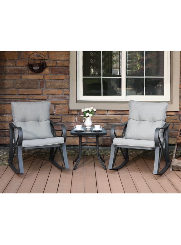 COSIEST 3 Piece Bistro Set Metal Patio Metal Rocking Chairs With Table Grey