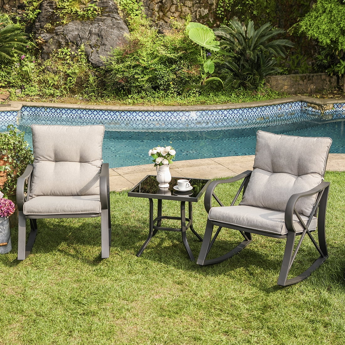 Gray Powder-Coated Steel Outdoor Rocking Chair Set with Glass Table