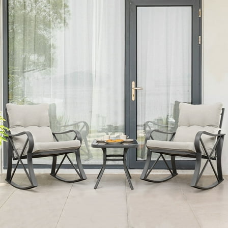 COSIEST 3 Piece Rocking Chair Bistro Set, Patio Outdoor Furniture w Cushions, Glass-Top Table