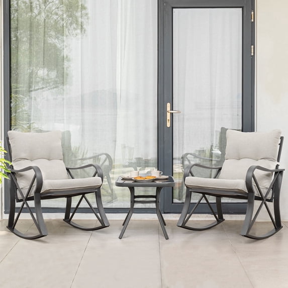 VENTOPYR 3 Piece Rocking Chair Bistro Set, Patio Outdoor Furniture w Cushions, Glass-Top Table
