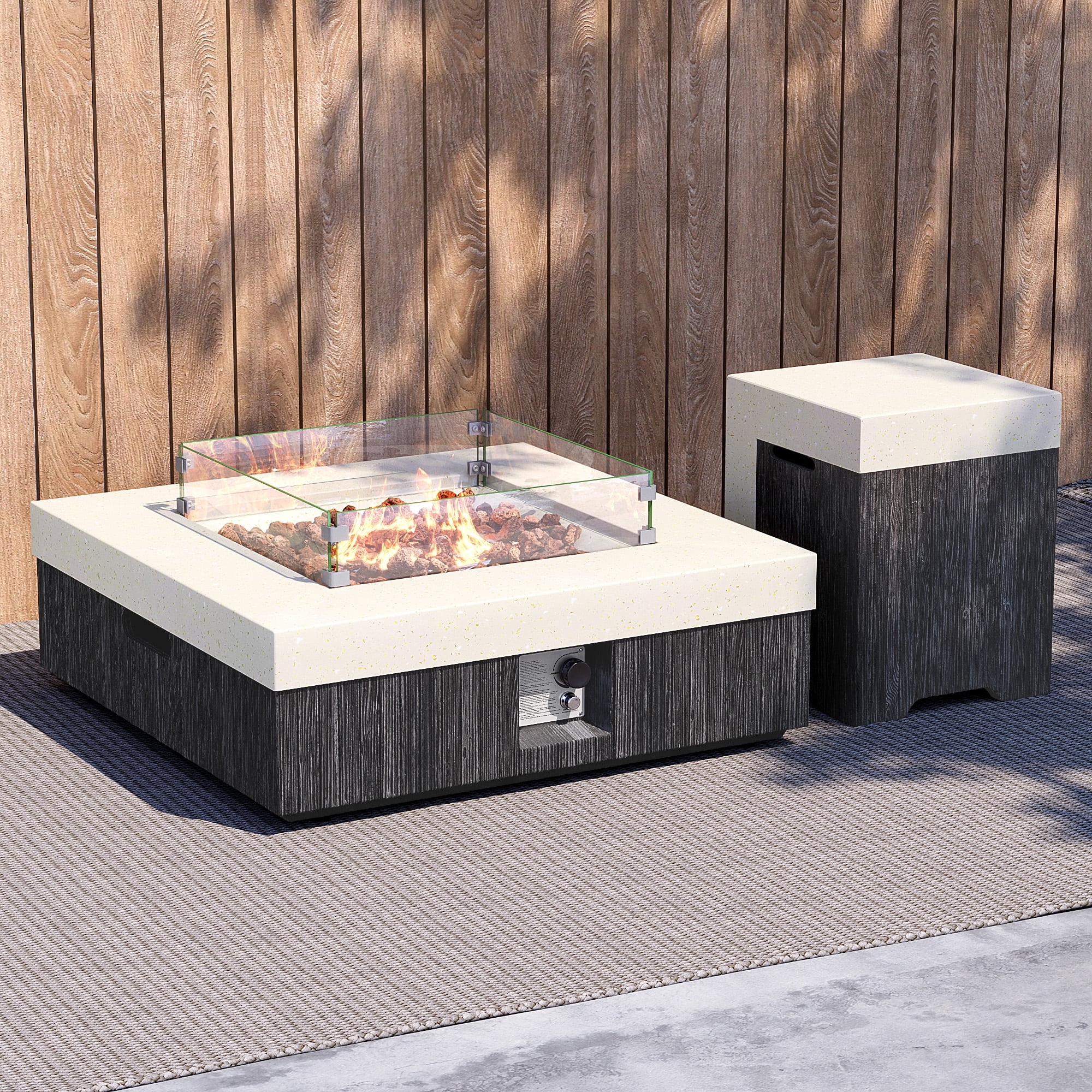 VENTOPYR 35" Square Outdoor Propane Fire Pit Table with Tand and Wind Guard