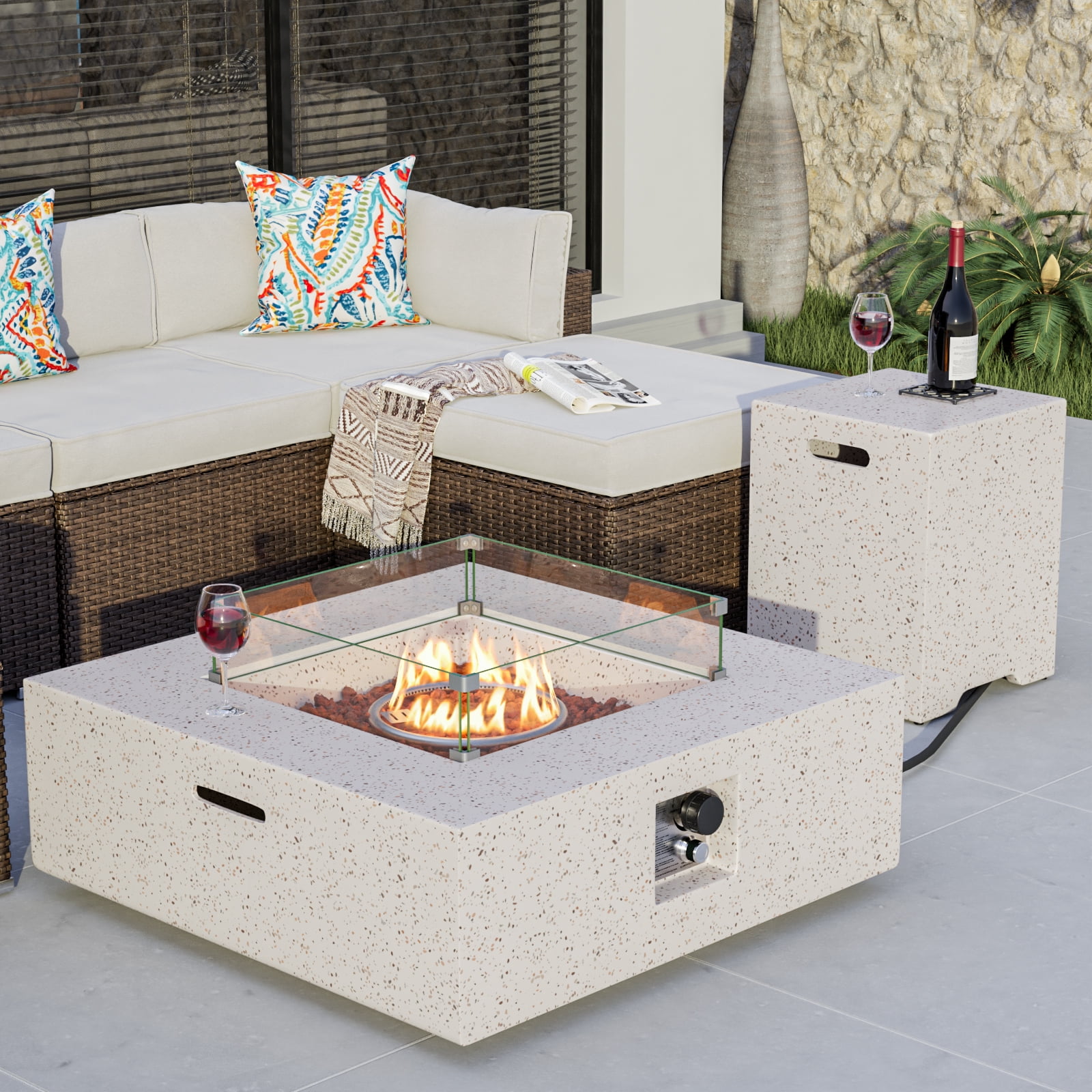 Terrazzo White Square Gas Fire Pit Table with Wind Guard
