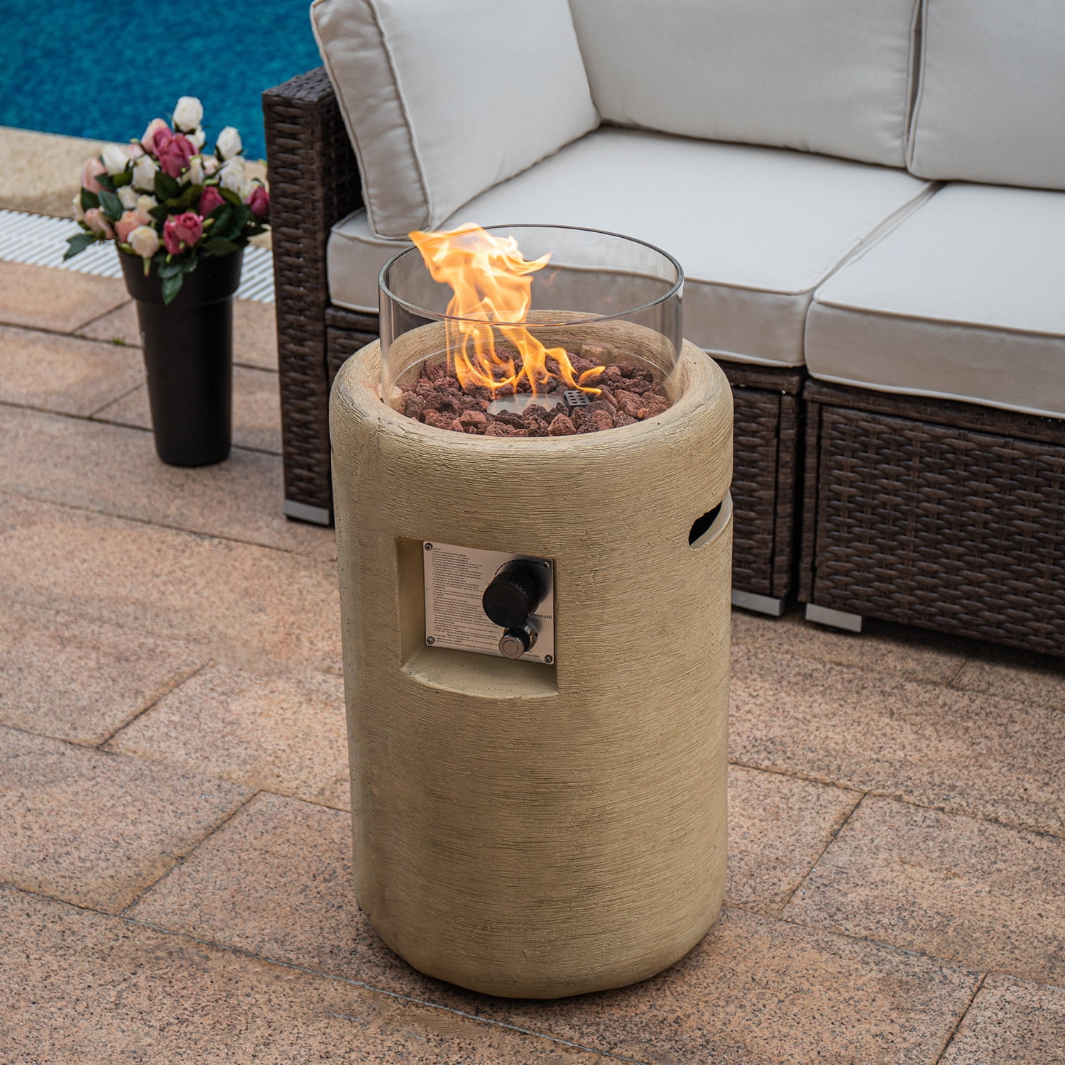 COSIEST 40,000BTU 16-inch Round Outdoor Propane Fire Pit Table w Glass Wind Guard(Apricot)