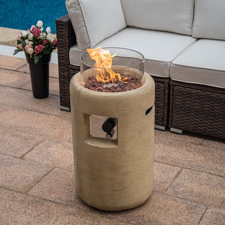 COSIEST 40,000BTU 16-inch Round Outdoor Propane Fire Pit Table w Glass Wind Guard(Apricot)