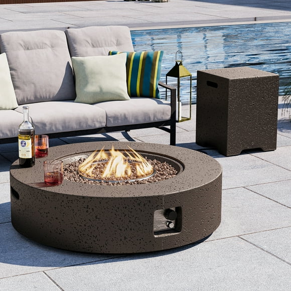 COSIEST 40.5-inch Outdoor Propane Fire Pit Coffee Table w Concrete Round Base Patio Heater, 50,000 BTU Stainless Steel Burner, Free Lava Rocks, Rain Cover, Tank Cover