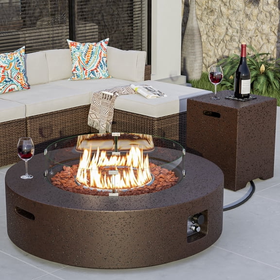 VENTOPYR 40.5-inch Outdoor Propane Fire Pit Coffee Table w Concrete Round Base Patio Heater, 50,000 BTU Stainless Steel Burner, Free Lava Rocks, Rain Cover, Wind Guard, Tank Cover, Gray